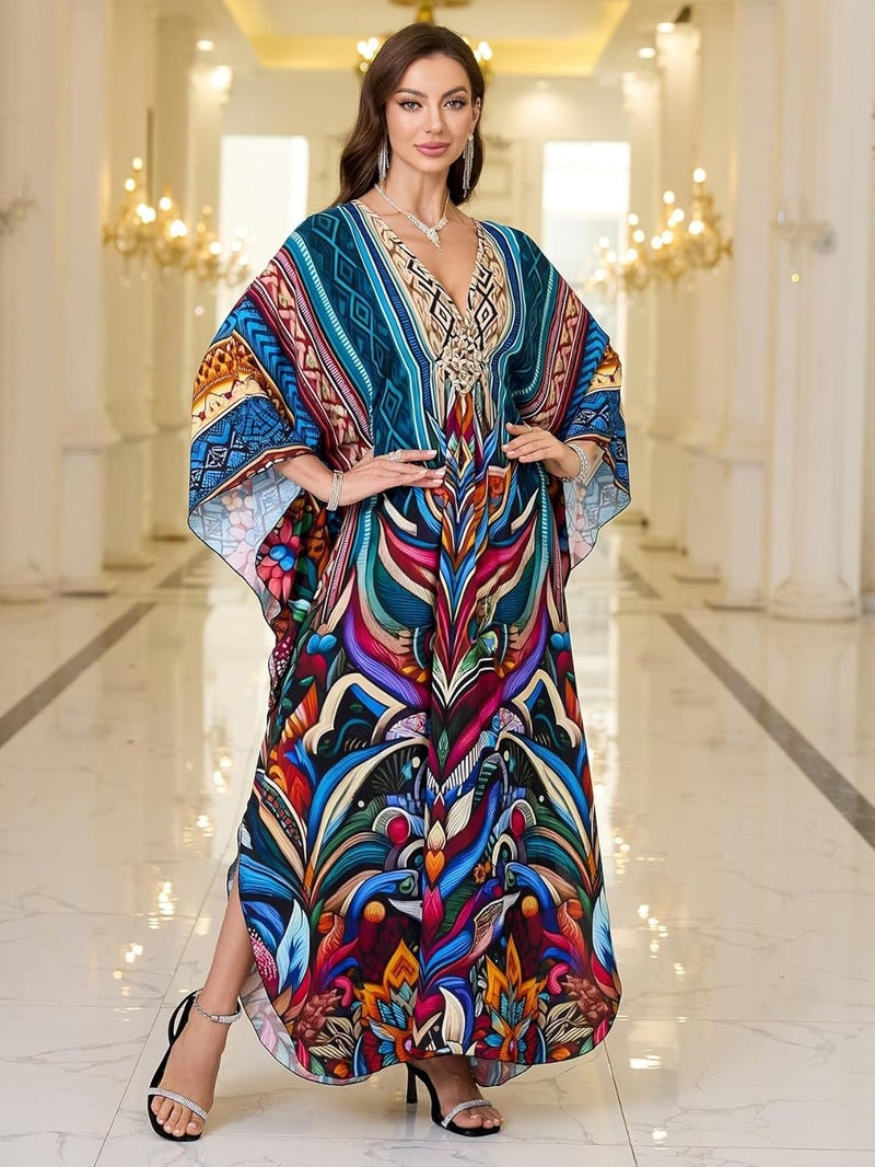 KEYLORTING Women’s Kaftan Beach Cover Up Dress Plus Size Summer Swimsuit Loungewear Maxi Dress - Image 3